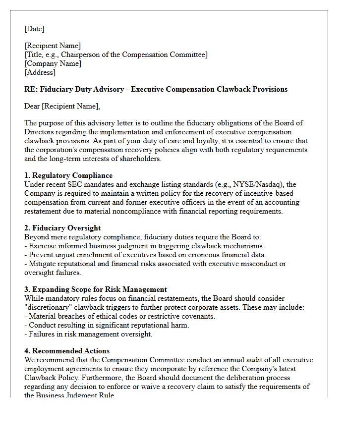 Fiduciary Duty Advisory Letter on Executive Compensation Clawback Provisions