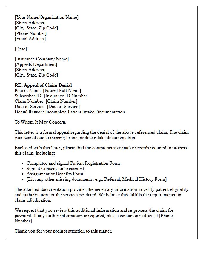 Appeal Letter for Incomplete Patient Intake Documentation Denial