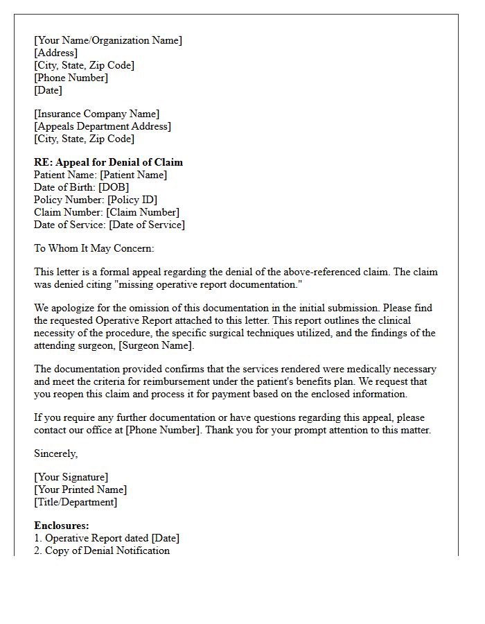 Appeal Letter for Missing Operative Report Documentation Denial