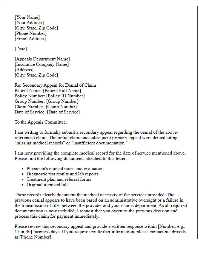 Secondary Appeal Letter for Missing Medical Records Denial