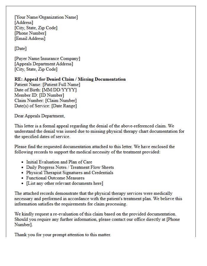 Appeal Letter for Missing Physical Therapy Chart Documentation
