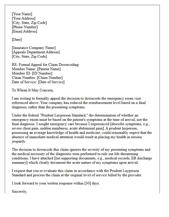 Appeal Letter for Emergency Room Downcoding Based on Prudent Layperson Standard