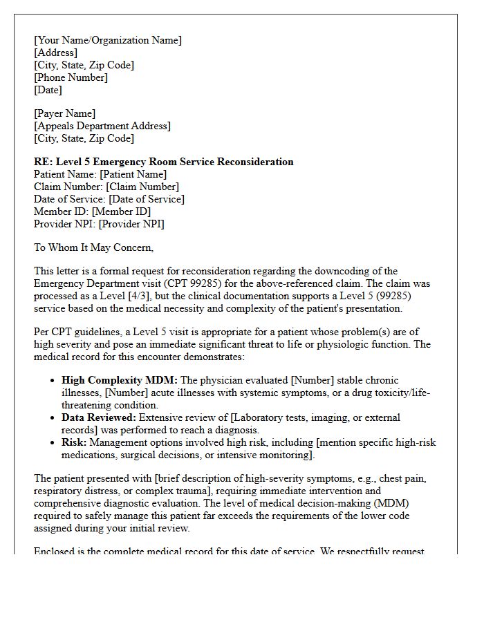 Level Five Emergency Room Downcoding Reconsideration Letter