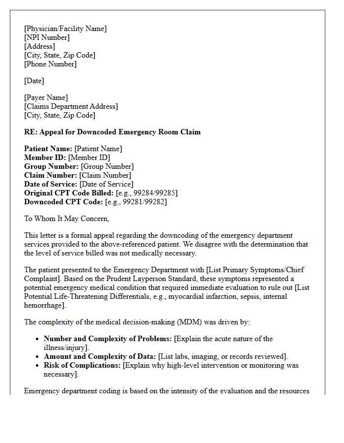 Medical Necessity Justification Letter for Emergency Room Downcoding