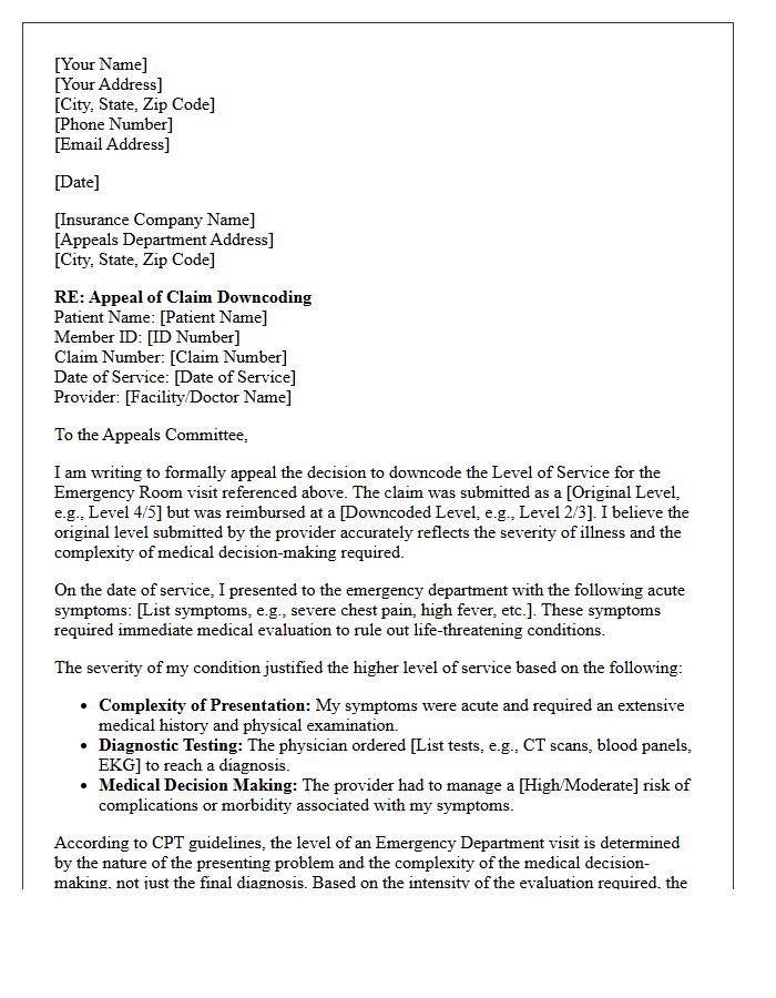 Appeal Letter for Emergency Room Downcoding Due to Severity of Illness