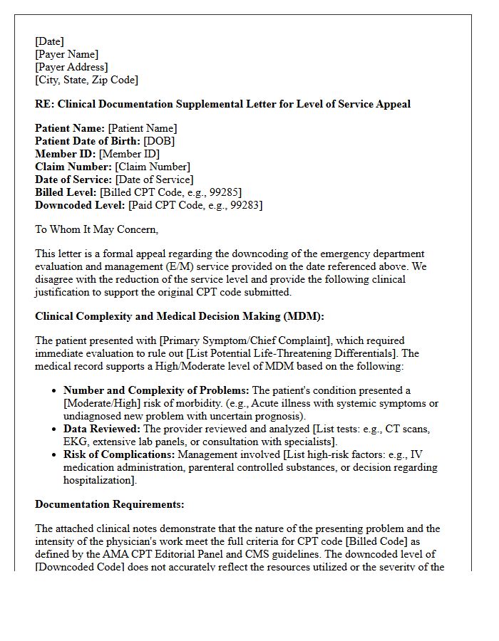Clinical Documentation Supplemental Letter for Emergency Room Downcoding