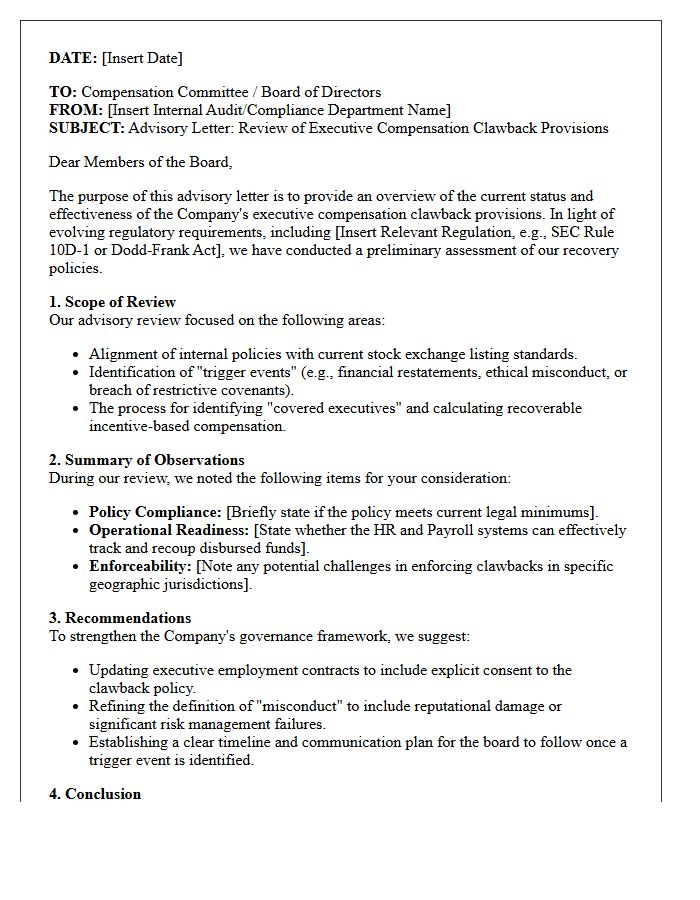 Executive Compensation Clawback Provision Audit Advisory Letter