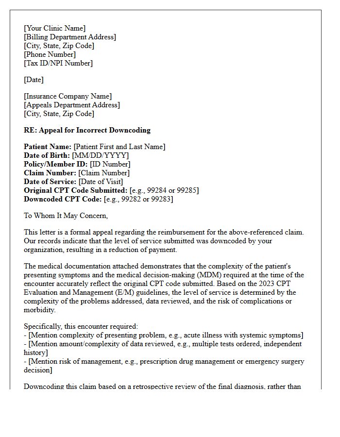 Medical Clinic Appeal Letter for Incorrect Emergency Room Downcoding