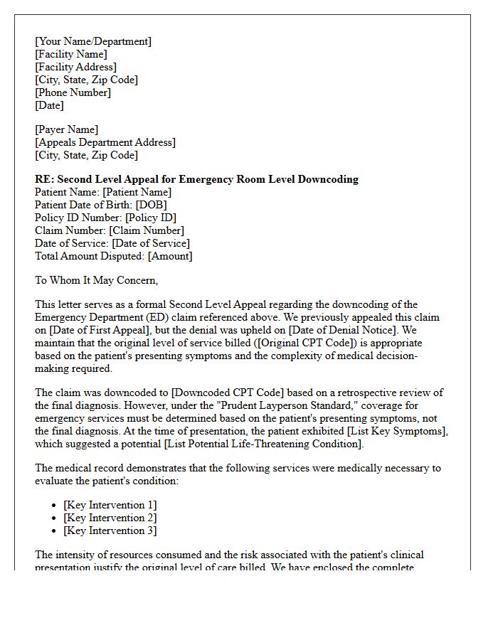 Second Level Appeal Letter for Emergency Room Downcoding Denials
