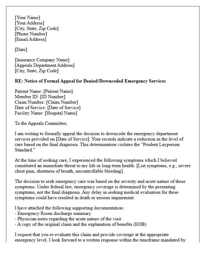 Immediate Threat to Life Appeal Letter for Emergency Room Downcoding