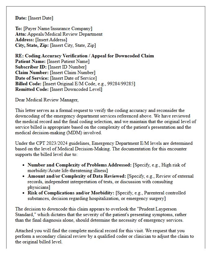 Coding Accuracy Verification Letter for Emergency Room Downcoding