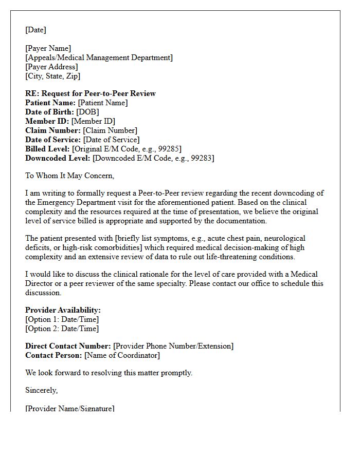 Provider Peer to Peer Review Request Letter for Emergency Room Downcoding