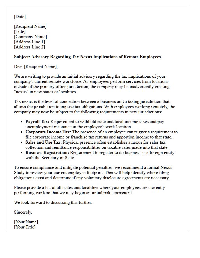 Initial Remote Workforce Tax Nexus Advisory Letter