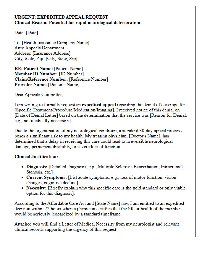 Expedited Appeal Letter for Urgent Neurological Care Needs