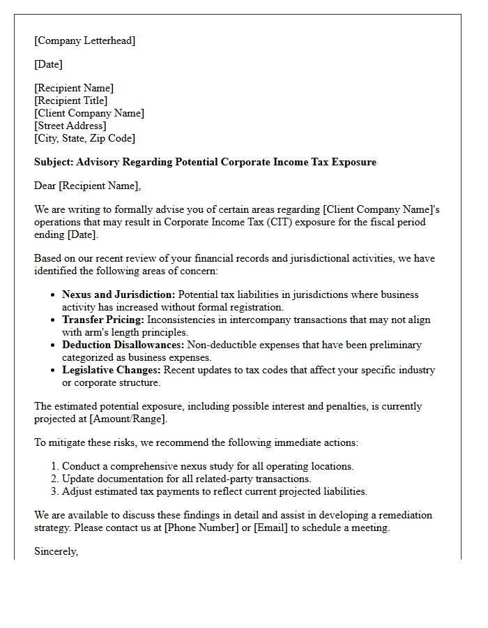 Corporate Income Tax Exposure Advisory Letter