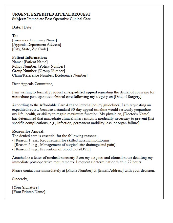 Expedited Appeal Letter for Immediate Post-Operative Clinical Care