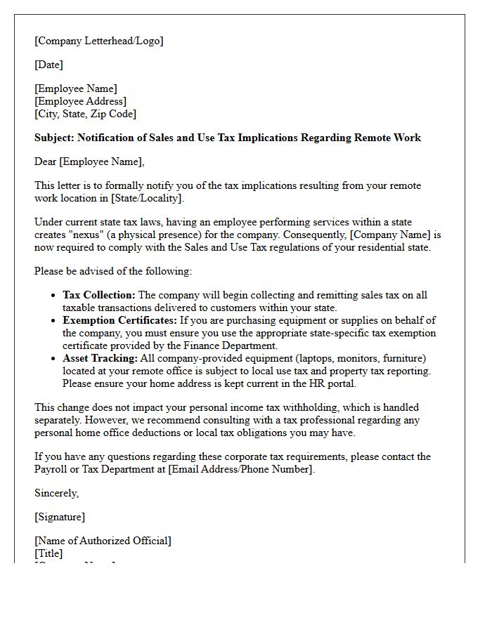 Remote Employee Sales and Use Tax Implication Letter