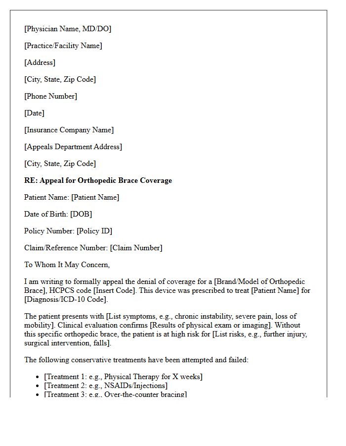 Physician Supported Appeal Letter for Orthopedic Brace Coverage