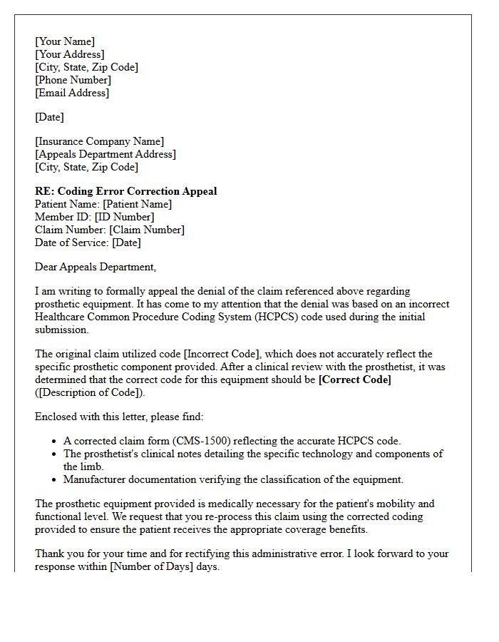 Coding Error Correction Appeal Letter for Prosthetic Equipment