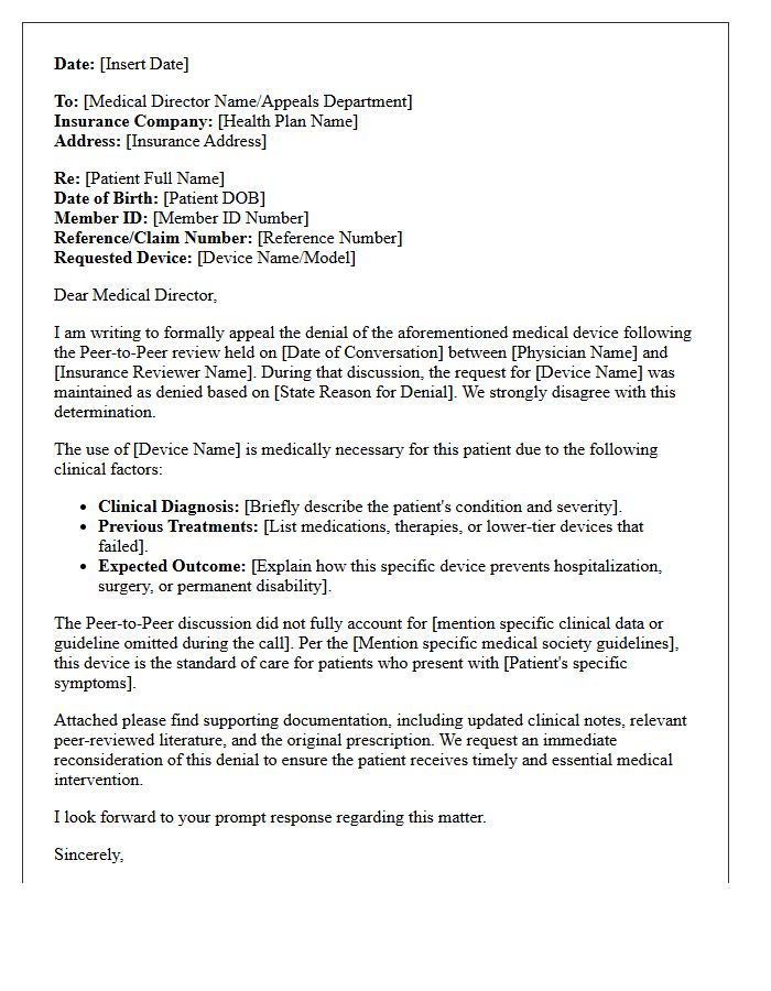 Peer to Peer Review Follow Up Appeal Letter for Medical Devices