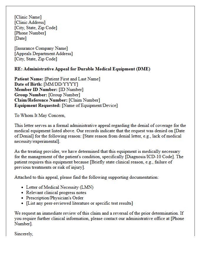 Clinic Administrative Appeal Letter for Patient Equipment Coverage