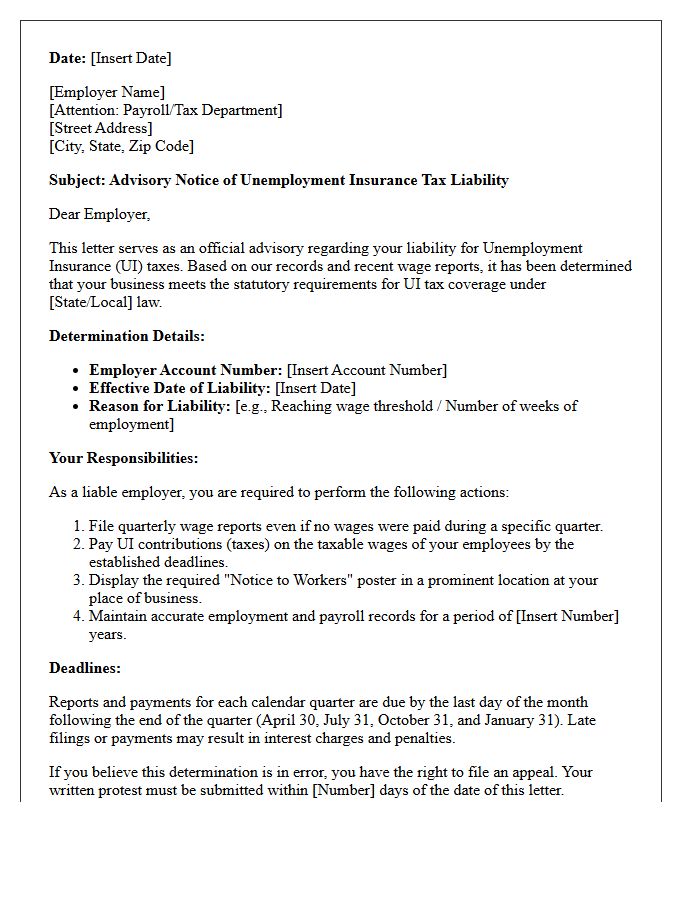 Unemployment Insurance Tax Liability Advisory Letter