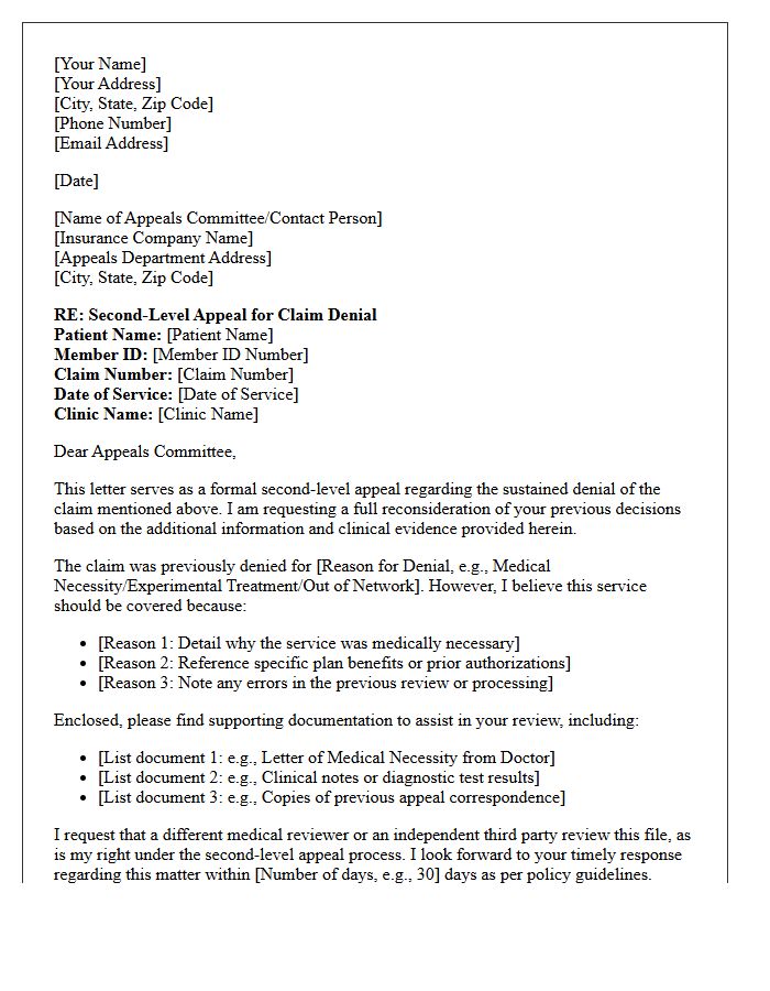 Second-Level Appeal Letter for Sustained Clinic Claim Denial