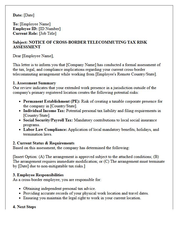 Cross-Border Telecommuting Tax Risk Assessment Letter