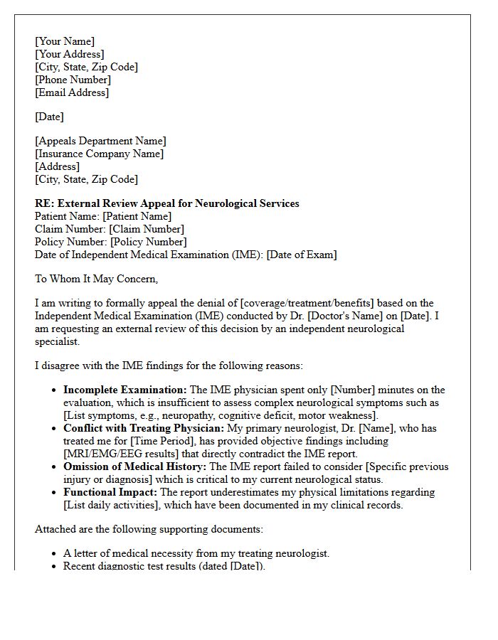Neurological Independent Medical Examination External Review Appeal Letter