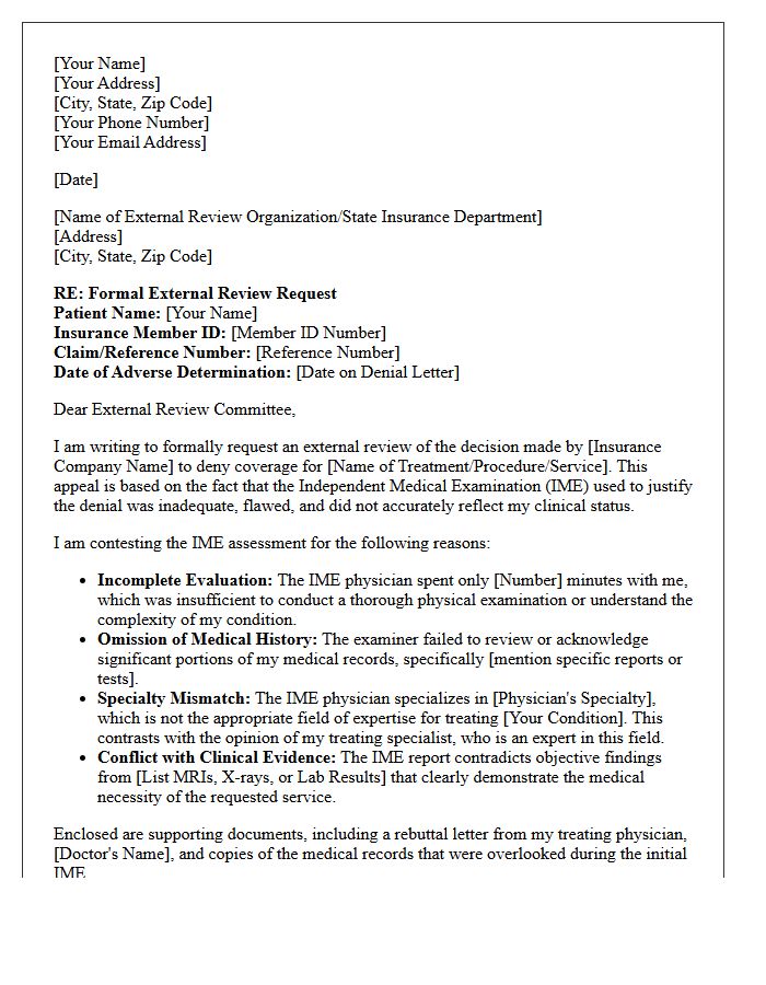 External Review Appeal Letter For Inadequate Independent Medical Examination Assessment