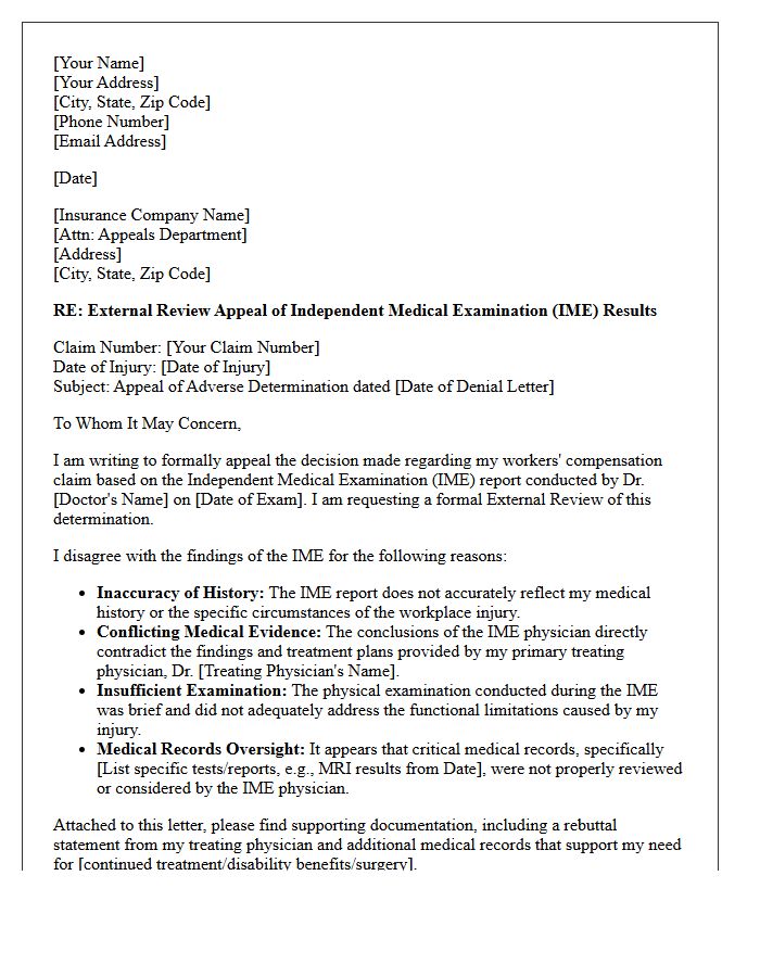 Workers Compensation Independent Medical Examination External Review Appeal Letter