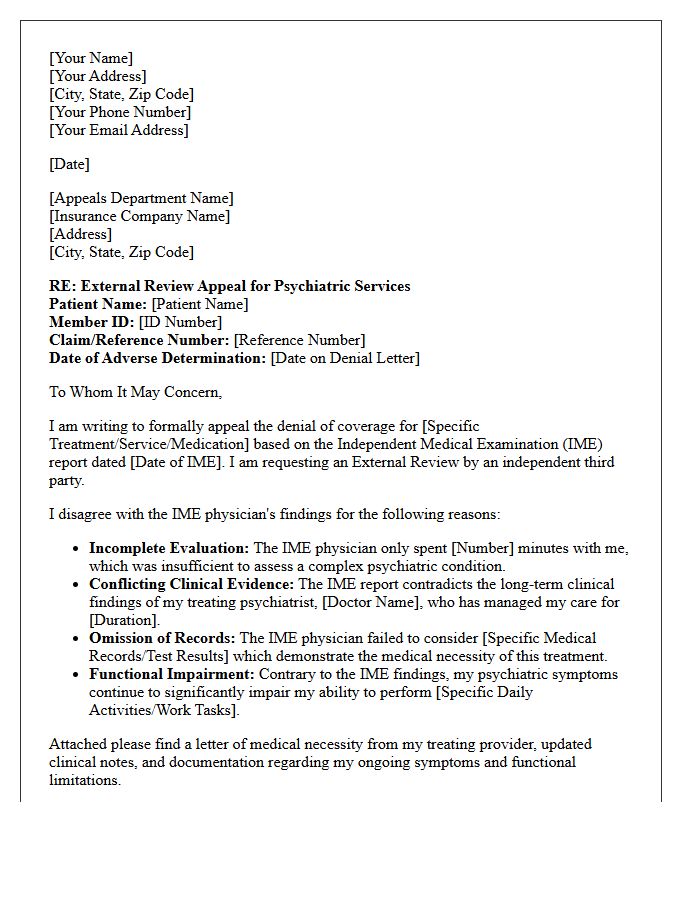 Psychiatric Independent Medical Examination External Review Appeal Letter