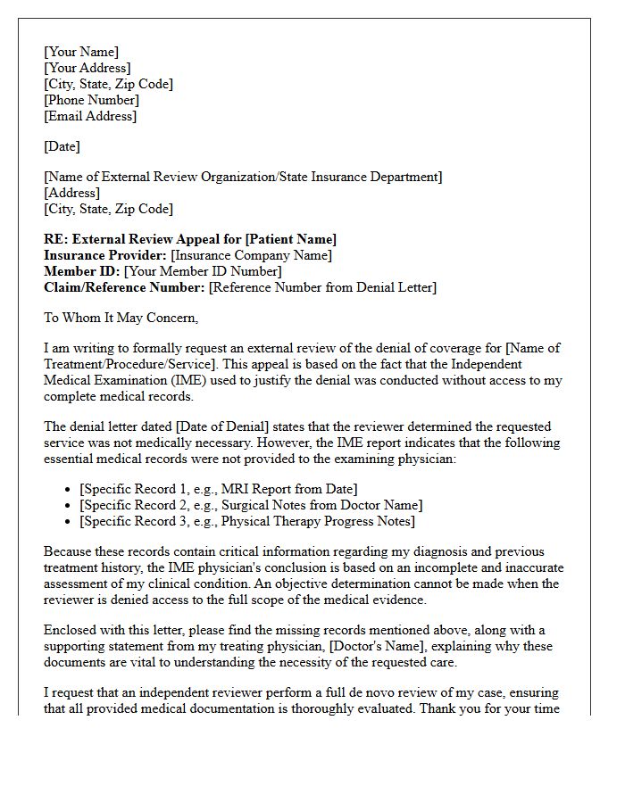 External Review Appeal Letter For Incomplete Independent Medical Examination Records