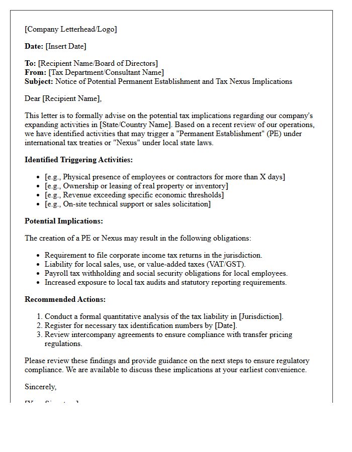 Permanent Establishment and Nexus Implication Letter