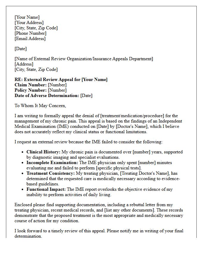 Chronic Pain Independent Medical Examination External Review Appeal Letter