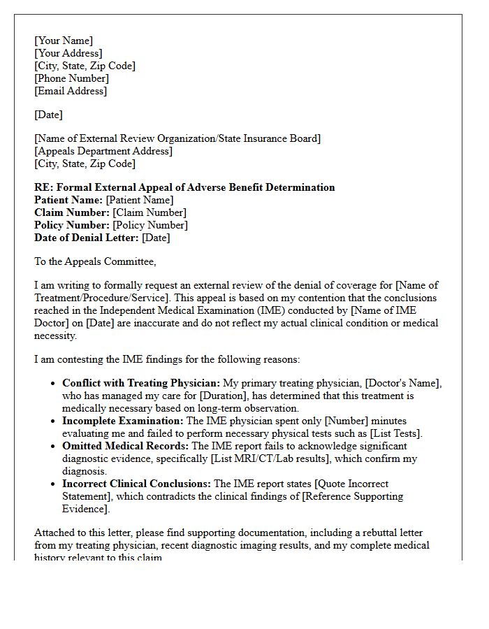 External Review Appeal Letter For Contested Independent Medical Examination Conclusions