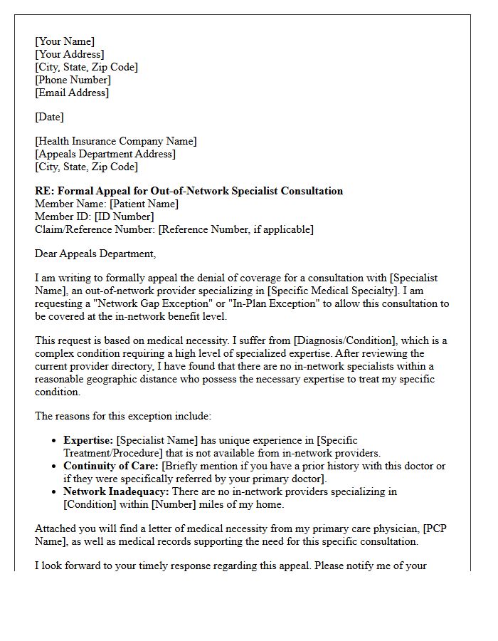 Appeal Letter for Out-of-Network Specialist Consultation Exception