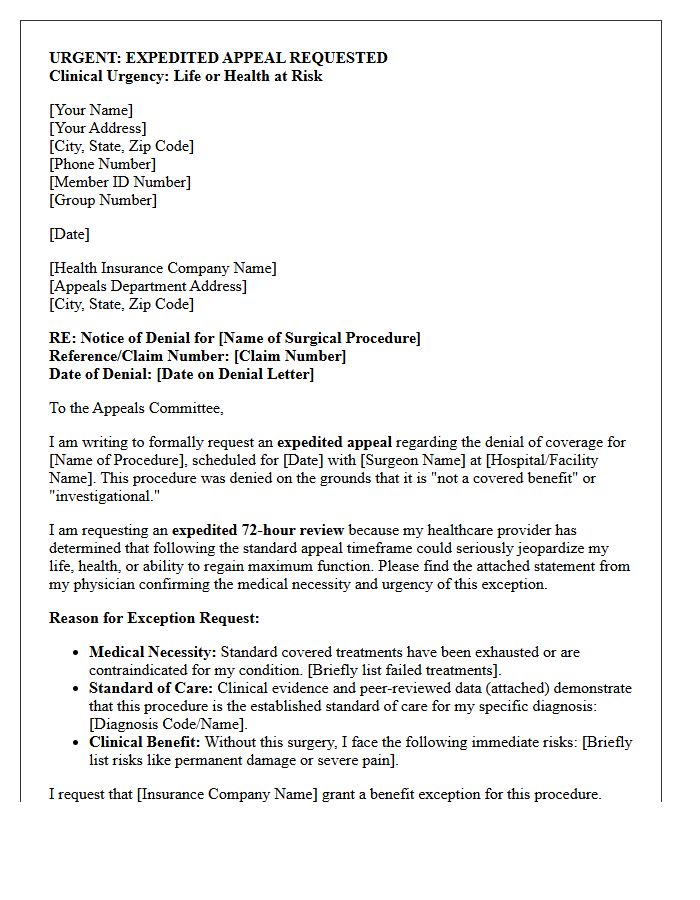 Expedited Appeal Letter for Non-Covered Surgical Procedure Exception