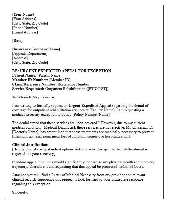 Urgent Appeal Letter for Non-Covered Outpatient Rehabilitation Exception
