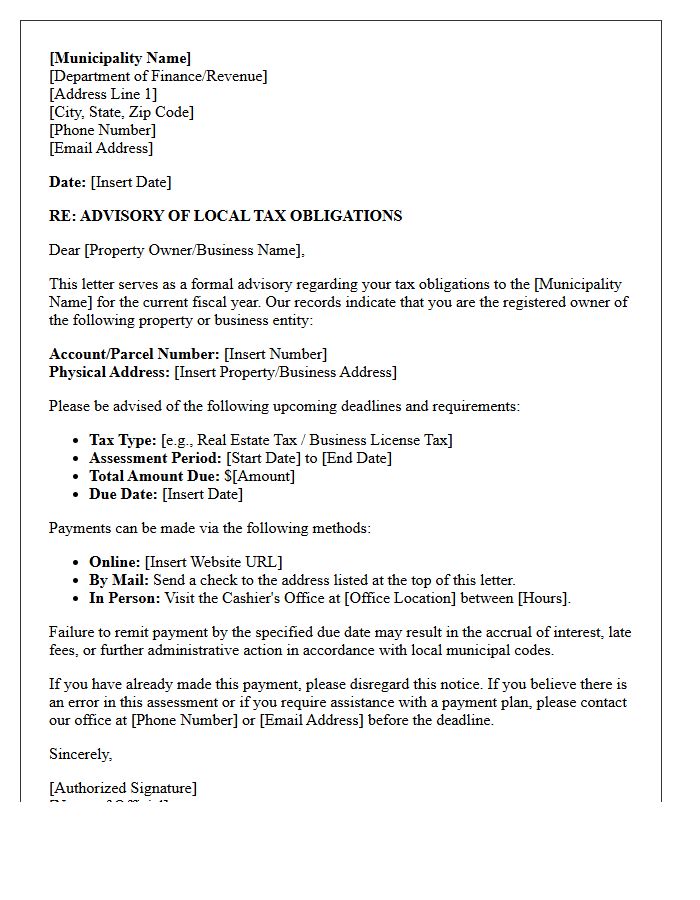 Local Municipality Tax Obligation Advisory Letter