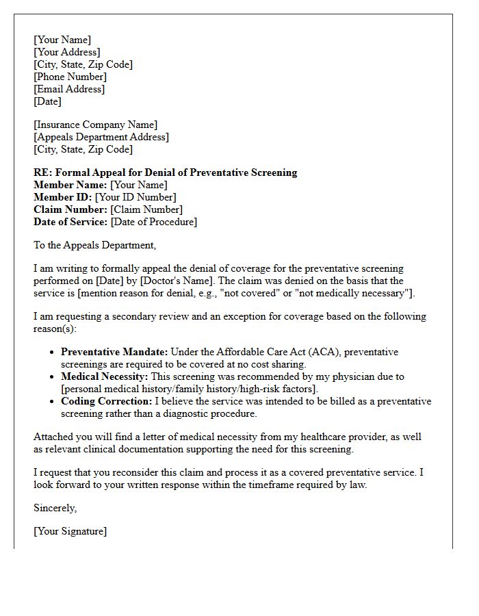 Formal Appeal Letter for Non-Covered Preventative Screening Exception