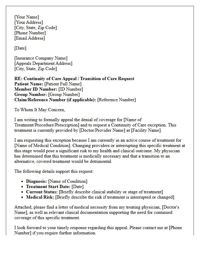 Continuity of Care Appeal Letter for Non-Covered Treatment Exception