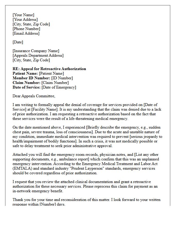 Appeal Letter for Retroactive Authorization Request Due to Emergency Medical Intervention