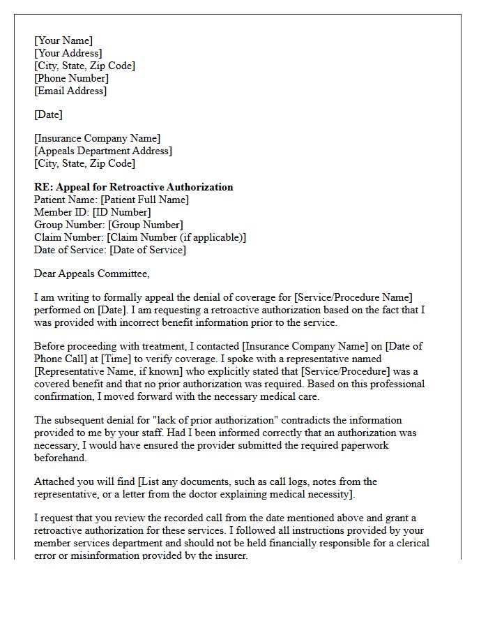 Appeal Letter for Retroactive Authorization Request Regarding Misquoted Insurance Benefits