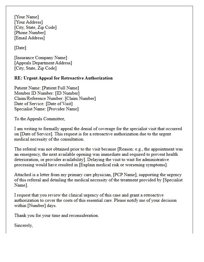 Urgent Specialist Referral Retroactive Authorization Appeal Letter