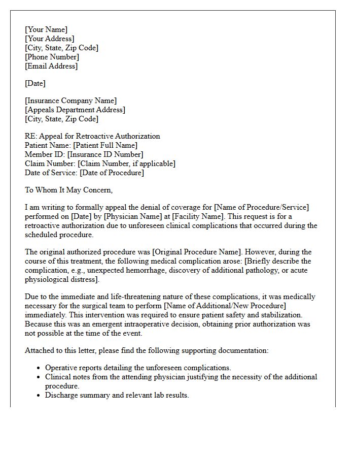 Appeal Letter for Retroactive Authorization Request Due to Unforeseen Procedure Complications