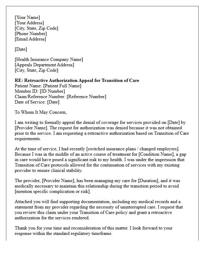 Retroactive Authorization Request Appeal Letter for Transition of Care Requirements