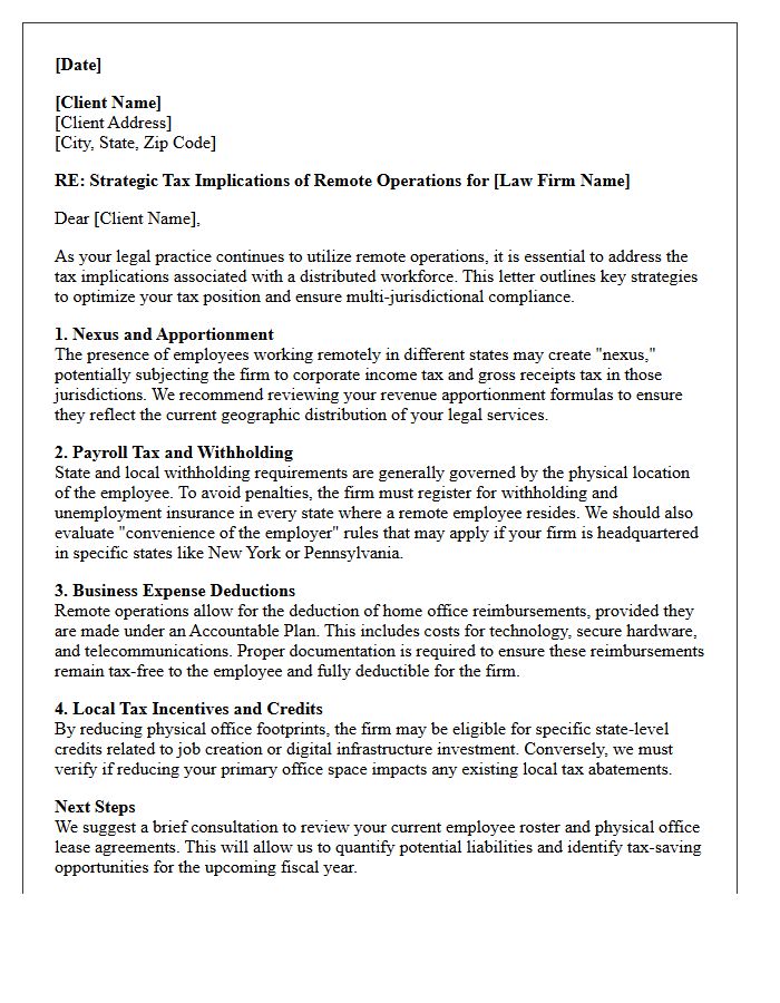 Law Firm Remote Operations Tax Strategy Letter