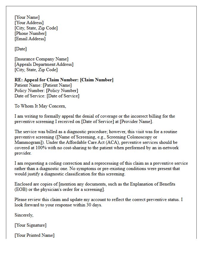 Patient Appeal Letter For Preventive Screening Coding Correction