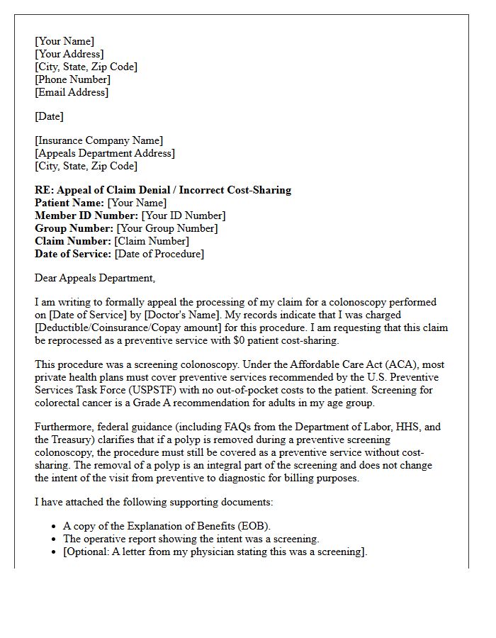 Preventive Colonoscopy Coding Appeal Letter To Insurance Provider